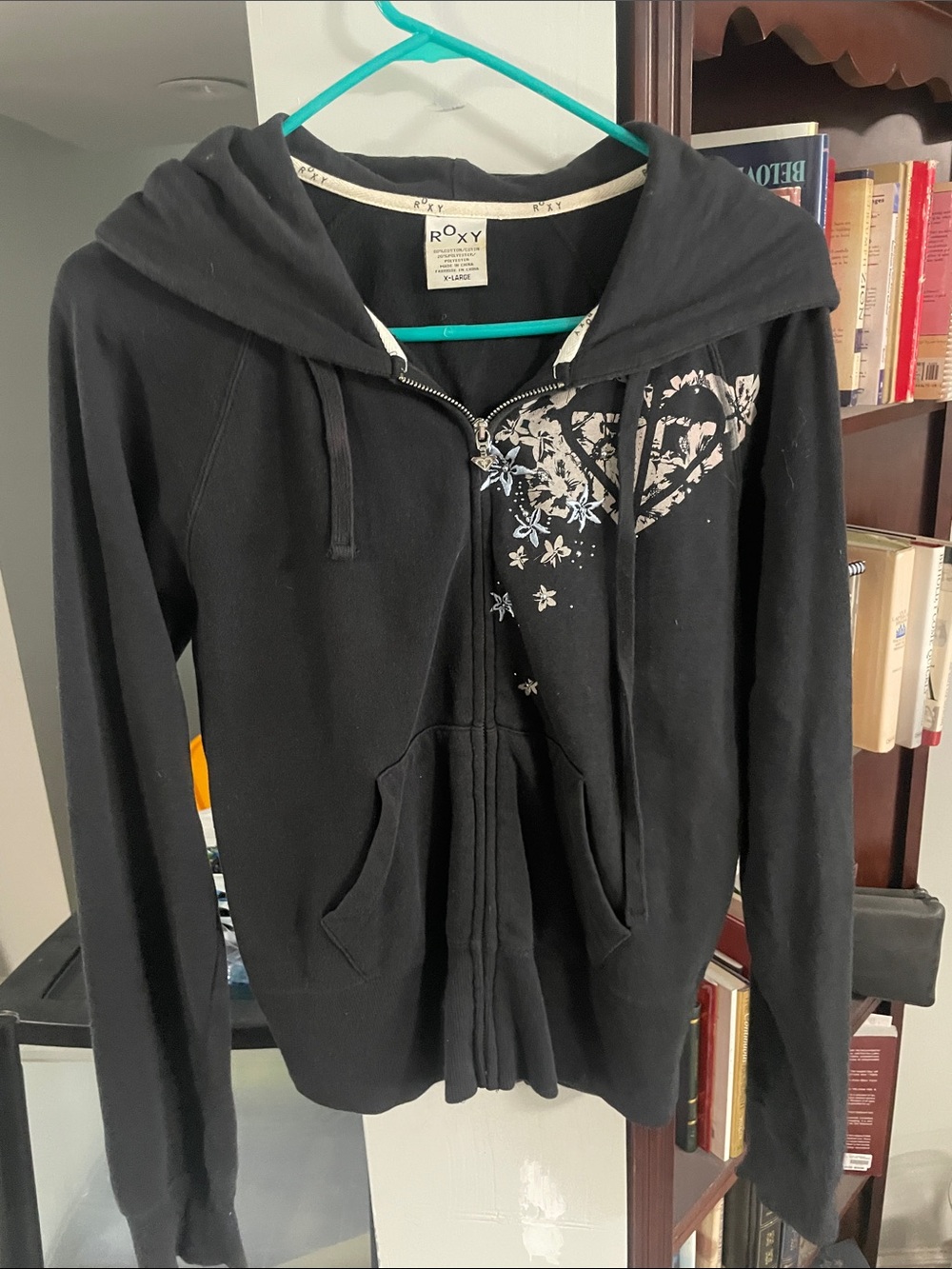 Roxy Black Zip-Up Hoodie with Light Pink Floral Heart Print